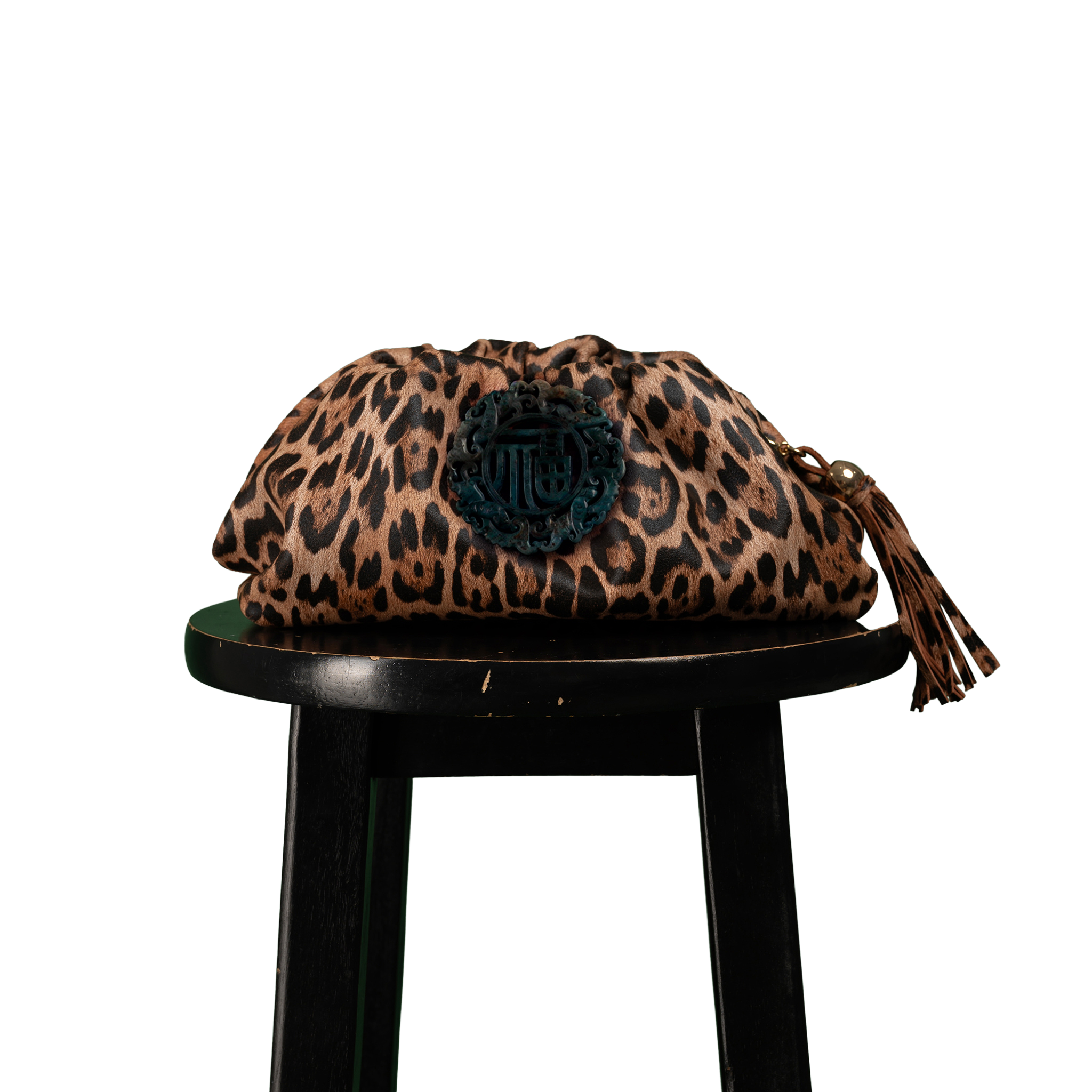 DESTI SAINT | Nzuri Patty Pouch | Leopard Print Leather w Black Jade Stone Ingot