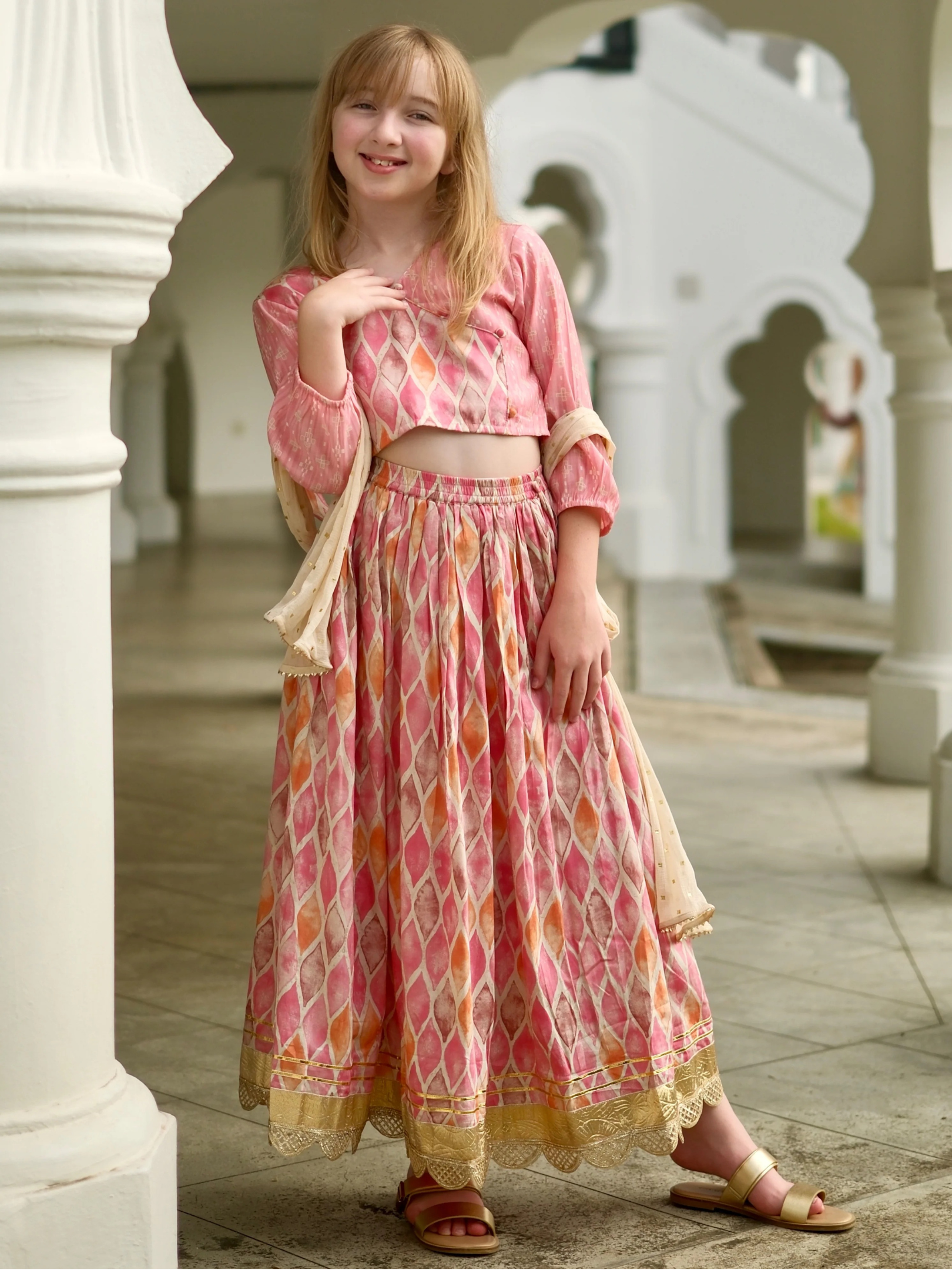 NIMBU | Rooh Pink Girls Lehenga Choli Set With Dupatta In Muslin Cotton