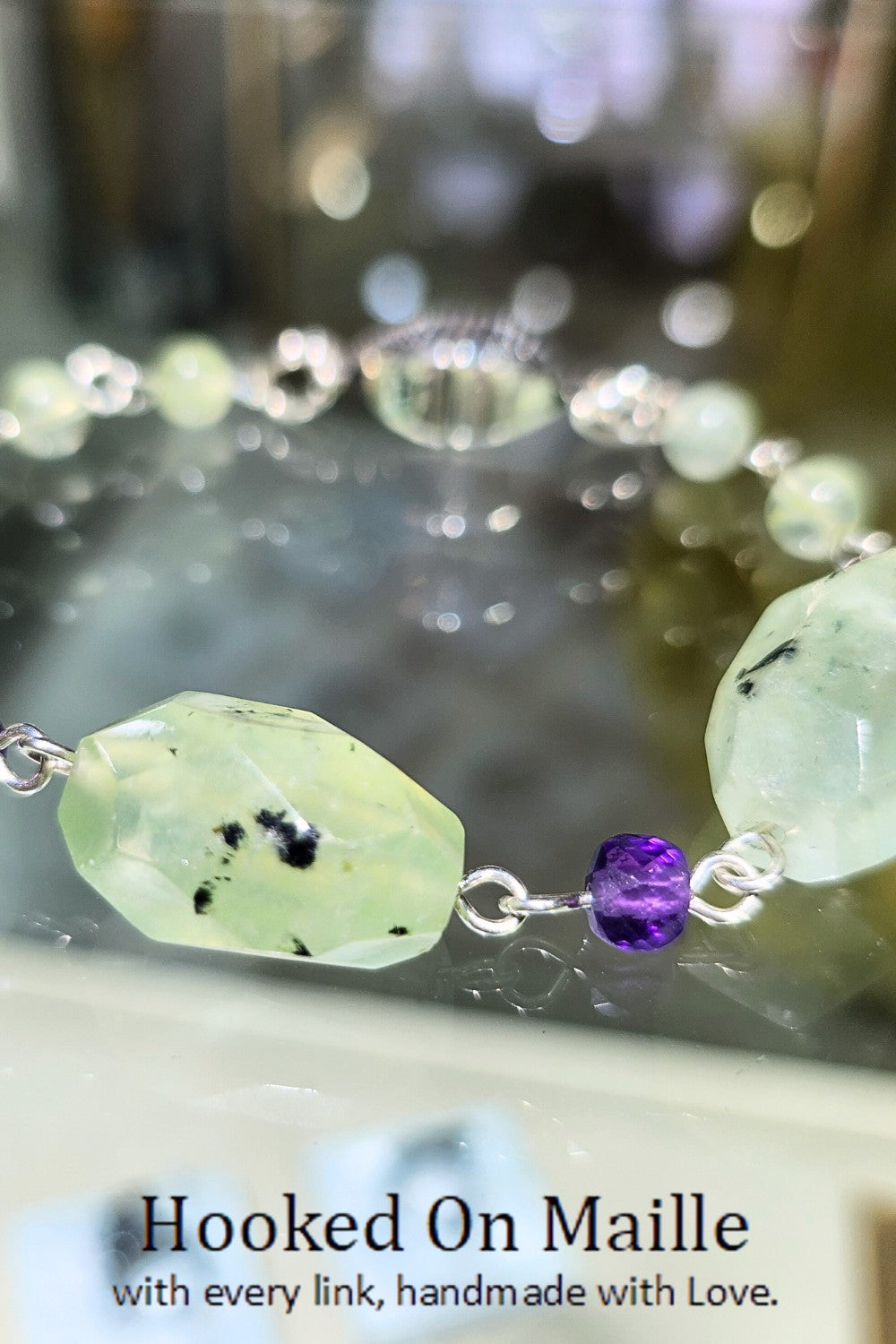 CREATIVE JEWELLERY STUDIO | Passion Prehnite & Amethyst, Silver Bracelet by Hooked On Maille