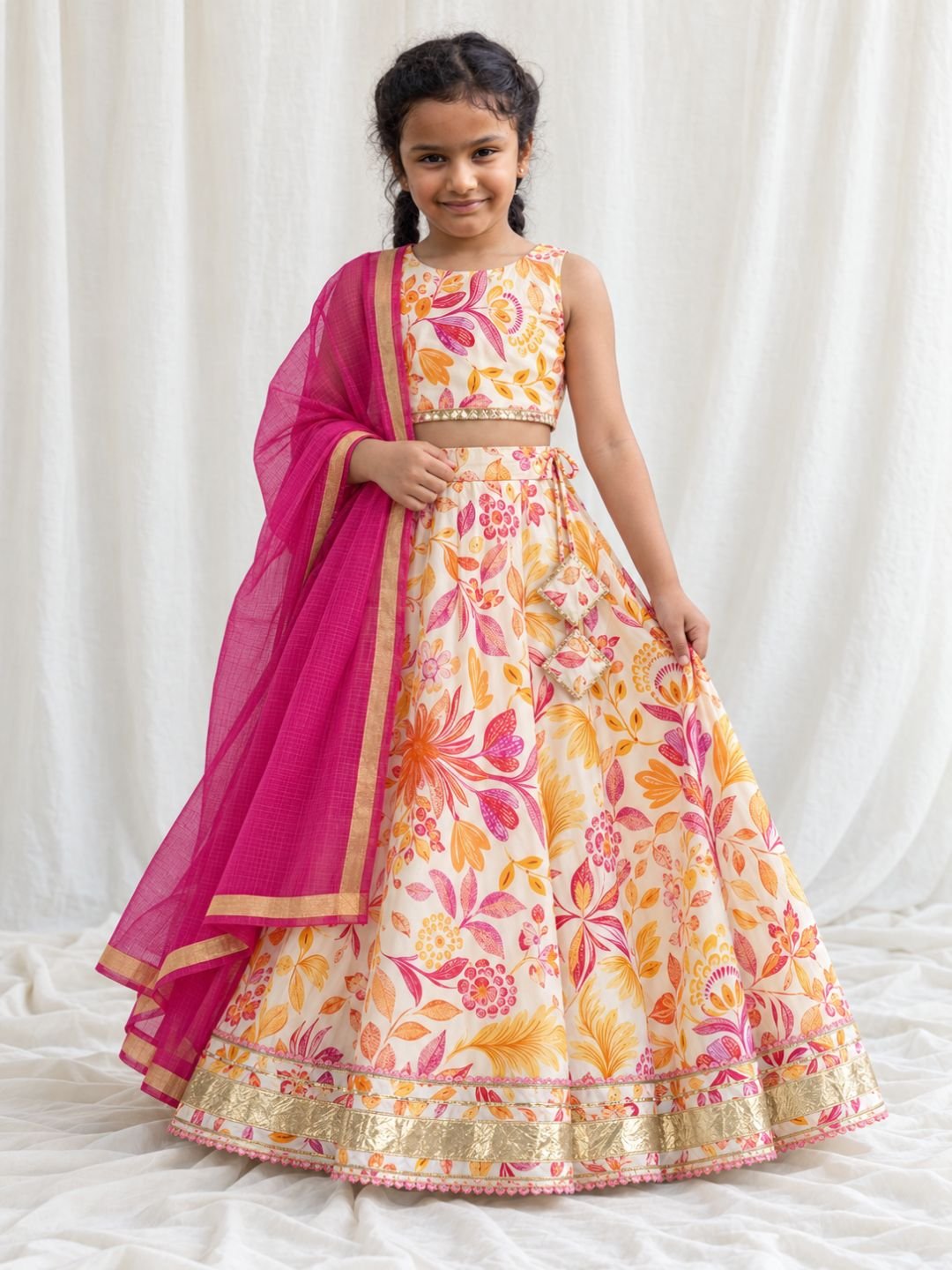 NIMBU | Rhea Yellow & Pink Girls Sleeveless Lehenga Set with Dupatta