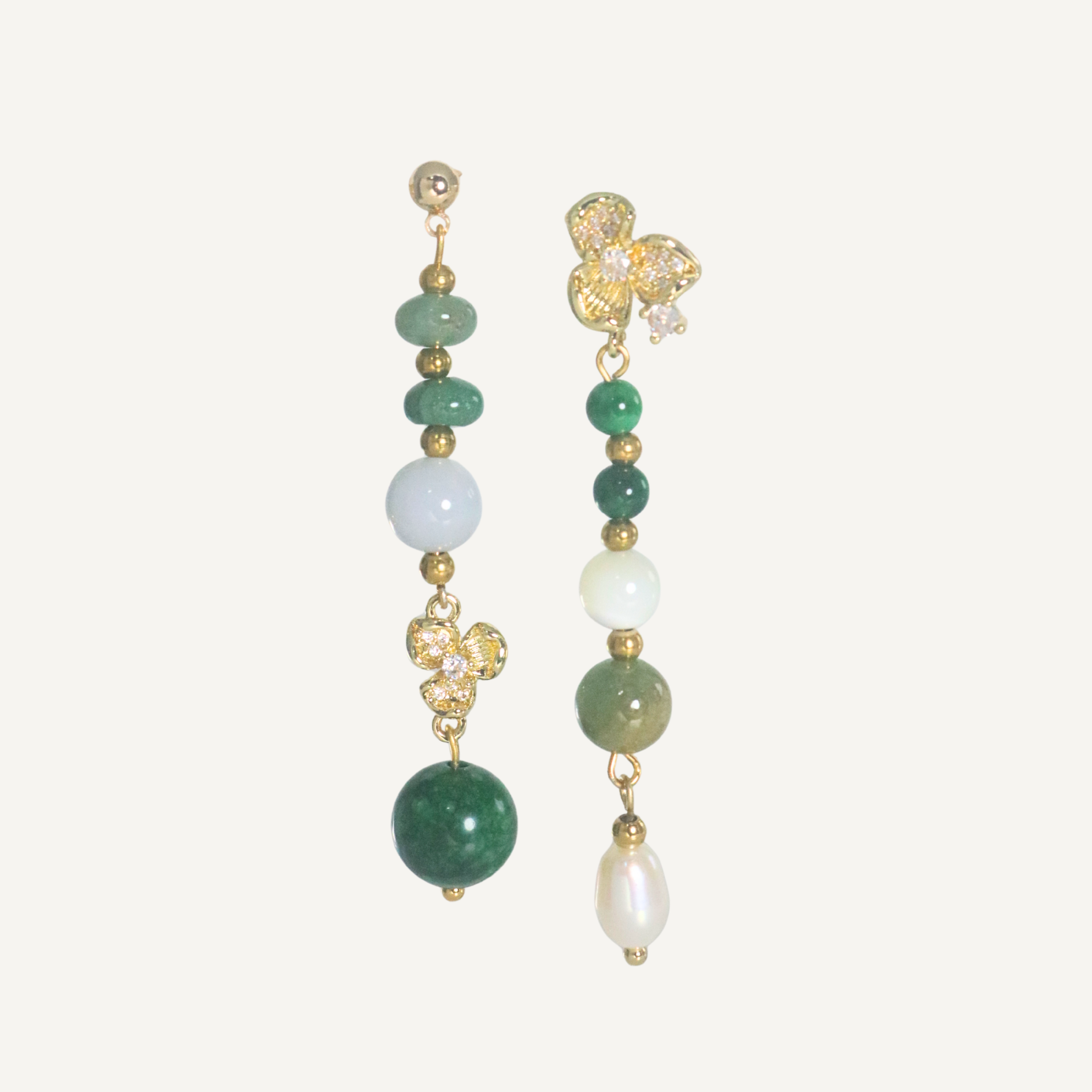 THE ANTECEDANT STORE | E - Asymmetrical Green Aventurine and Chalcedony Orchid Earrings