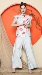 KANZI COLLECTION | Grey Cheongsam Floral Vest With Wide Leg Pant Set