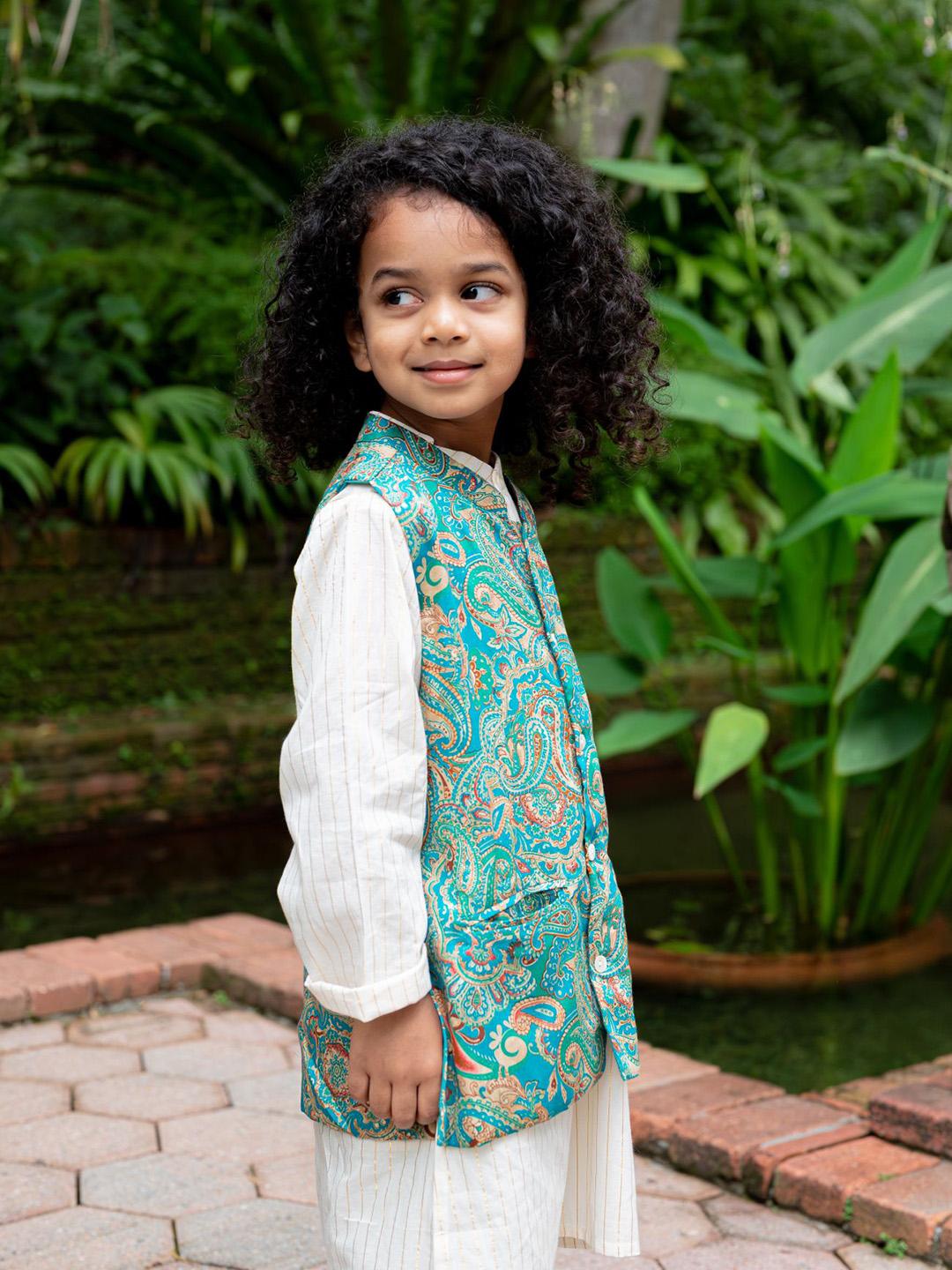 NIMBU | Shan Boys Muslin Cotton Kurta Pajama Jacket Set In Green Paisley