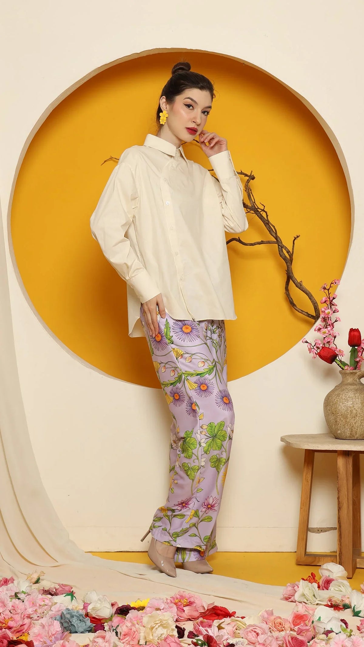 KANZI COLLECTION | Cheongsam Button Shirt With Purple Flower Pants Set