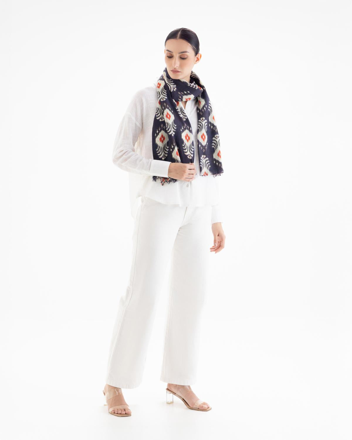 QUEENMARK | AN Patola Ikat Print Blue Orange Dots