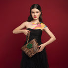 DESTI SAINT | Noora Bucket Crossbody | Leopard Print Leather w Green Jade Stone Ingot