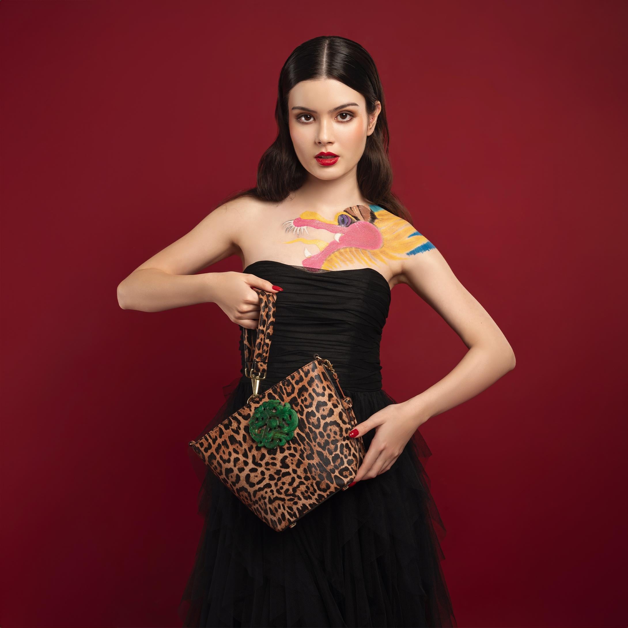 DESTI SAINT | Noora Bucket Crossbody | Leopard Print Leather w Green Jade Stone Ingot