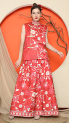 KANZI COLLECTION | Red Cheongsam Floral Vest With Floral Skirt
