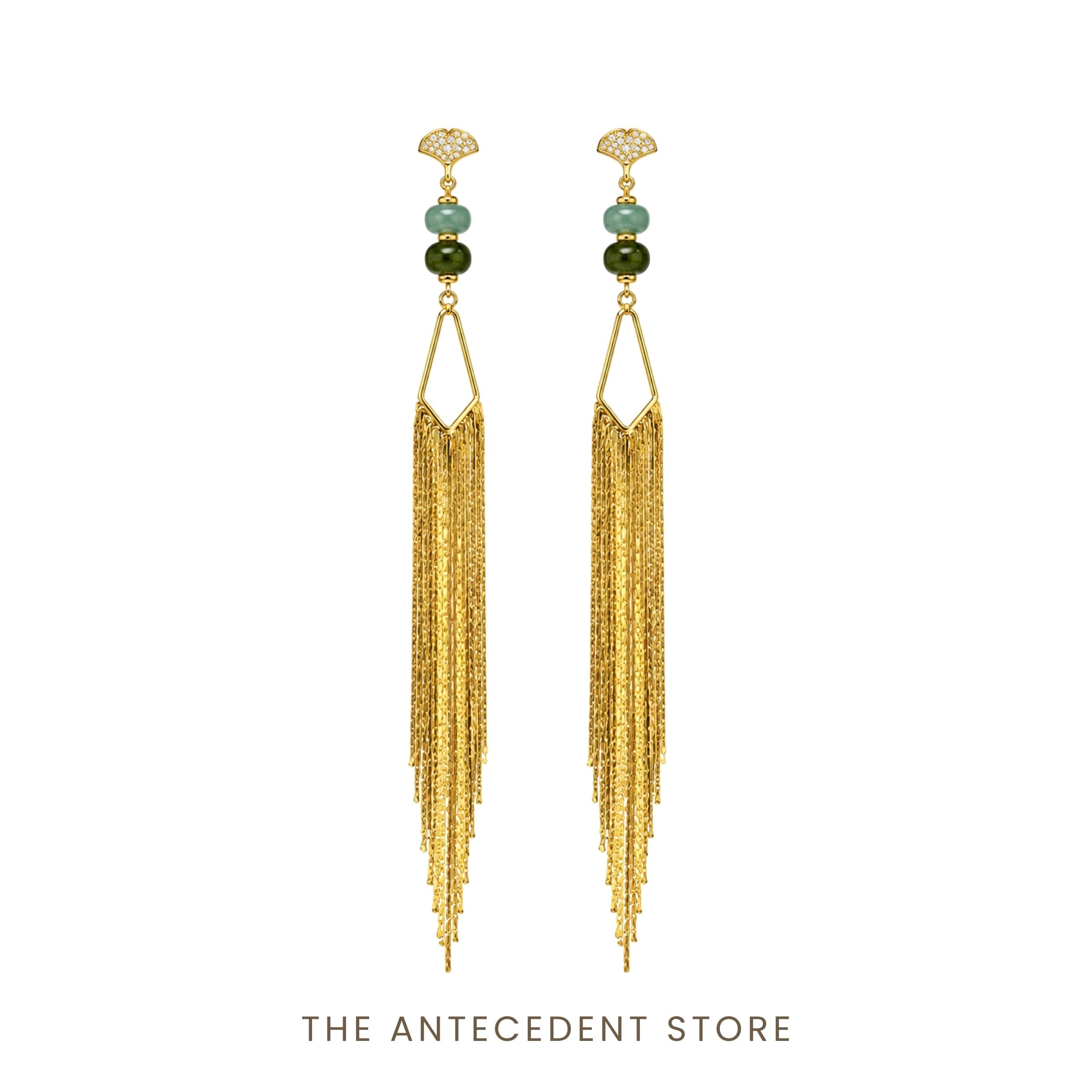 THE ANTECEDENT STORE | Ginkgo Tassel Earrings With Green Chalcedony & Green Aventurine