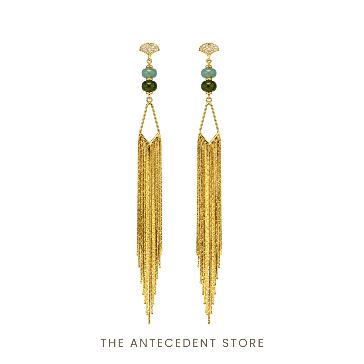 THE ANTECEDENT STORE | Ginkgo Tassel Earrings With Green Chalcedony & Green Aventurine