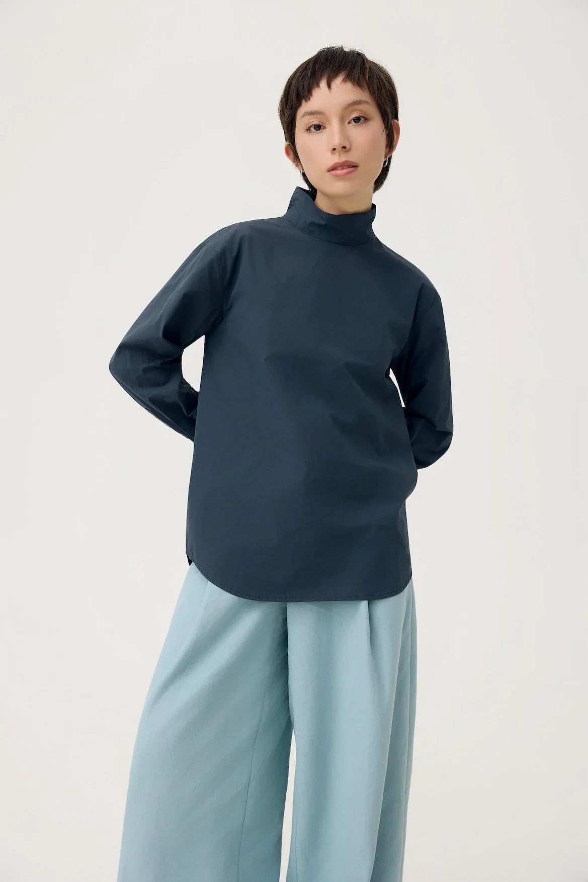 3EIGHTH | Oki Scarf Collar Top in Navy