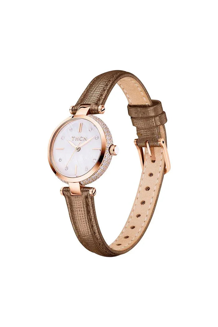 BLACK BY BLUE BRAVE | THCN T· I Mother-of-Pearl Dial Brown Leather Strap Watch