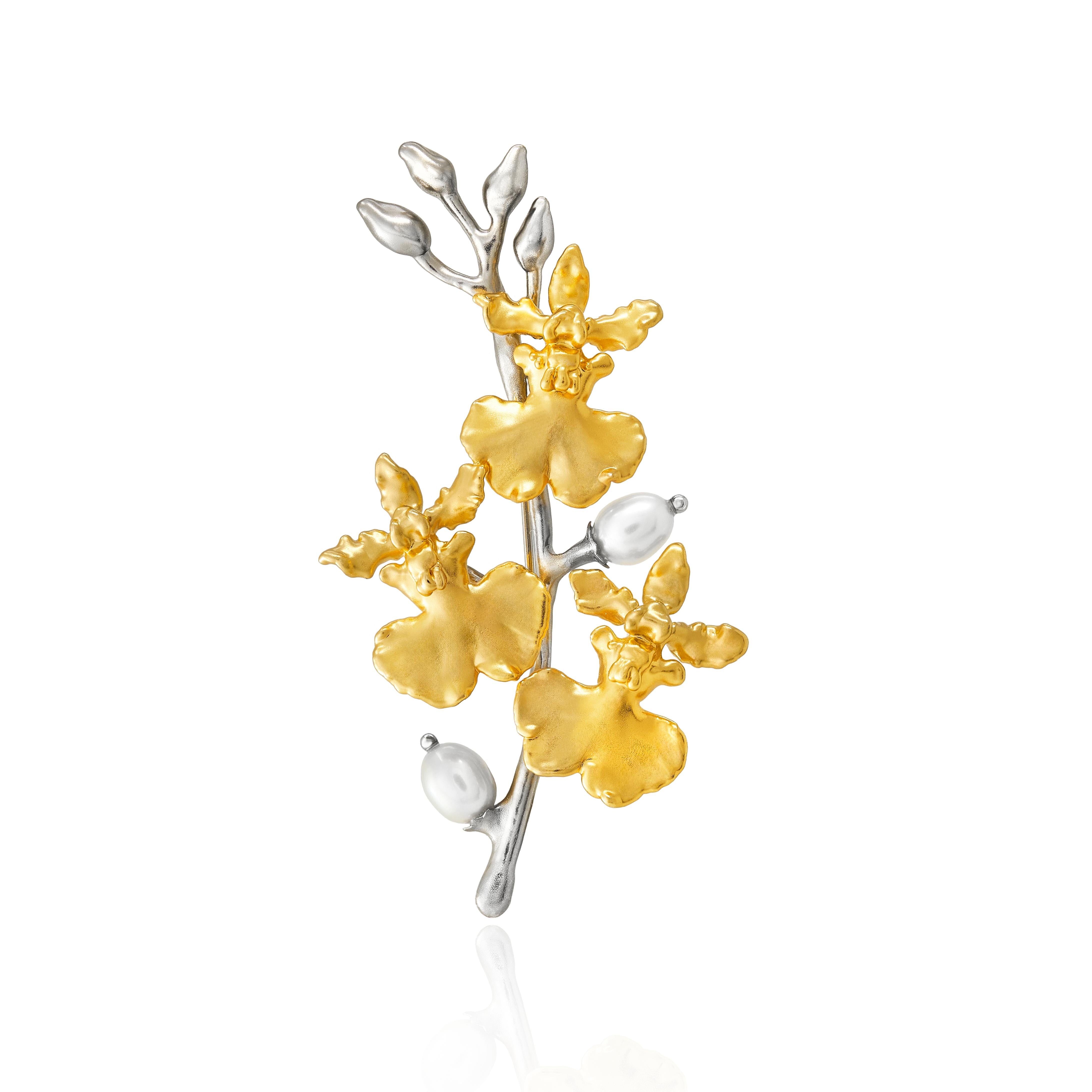 RISIS | Oncidium Symphony Brooch in Gold and Palladium with Pearls