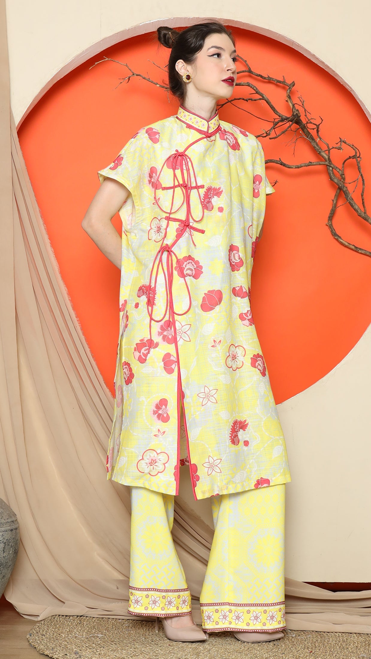 KANZI COLLECTION | Yellow Oriental Floral Cheongsam Pant Set