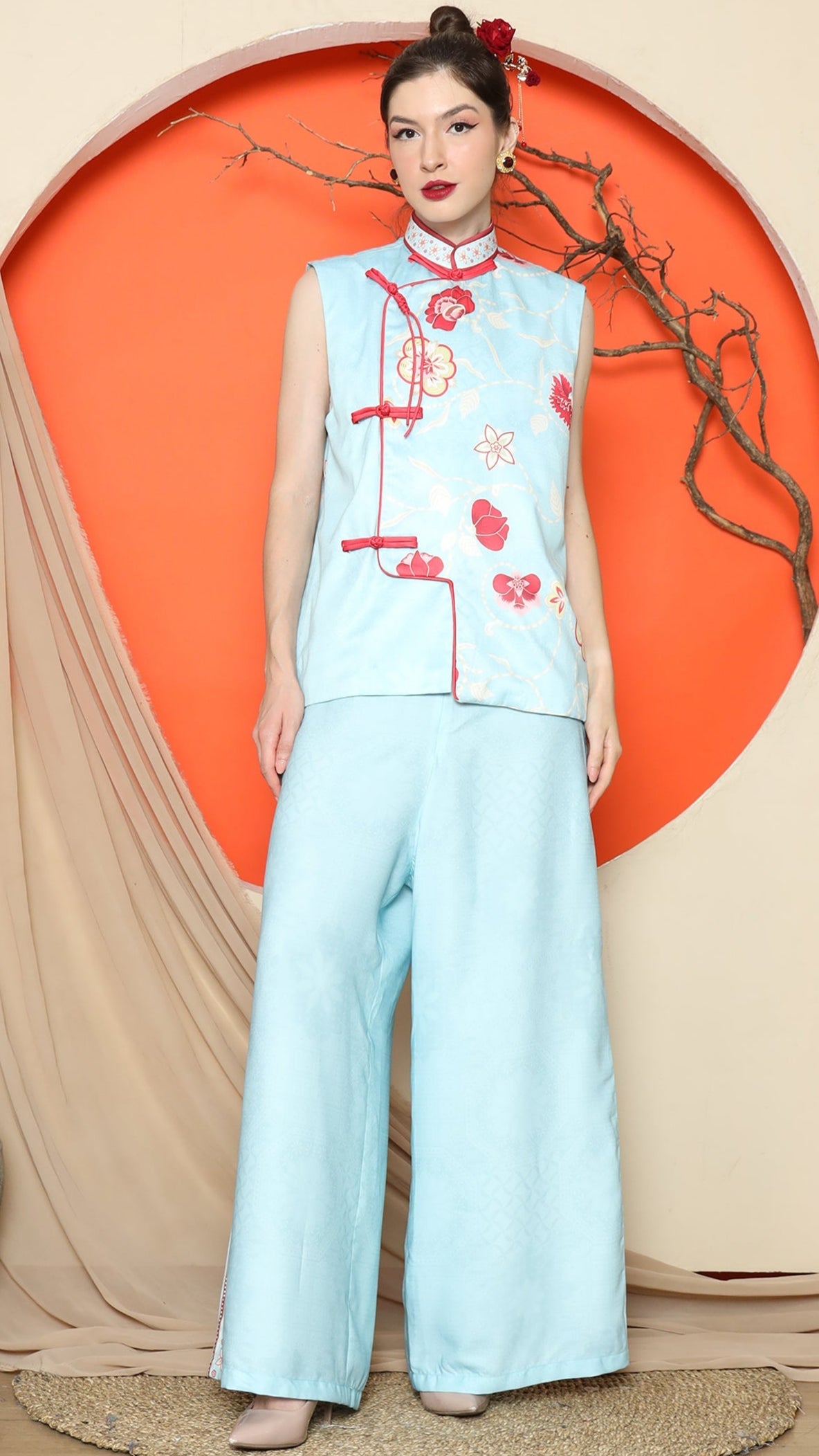 KANZI COLLECTION | Blue Cheongsam Floral Vest With Pant Set