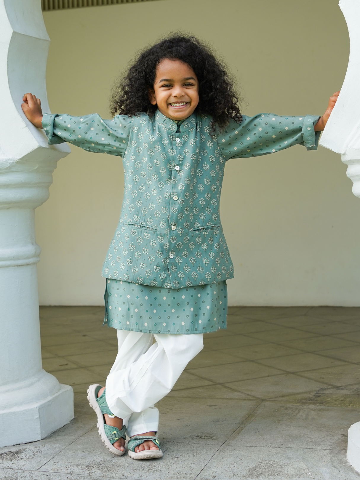 NIMBU | Vir Sage Green Boys Kurta Pajama Jacket in Muslin Cotton