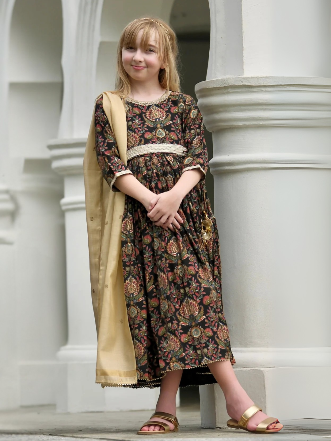 NIMBU | Nama Girls Black Anarkali Gown Dress In Red Floral