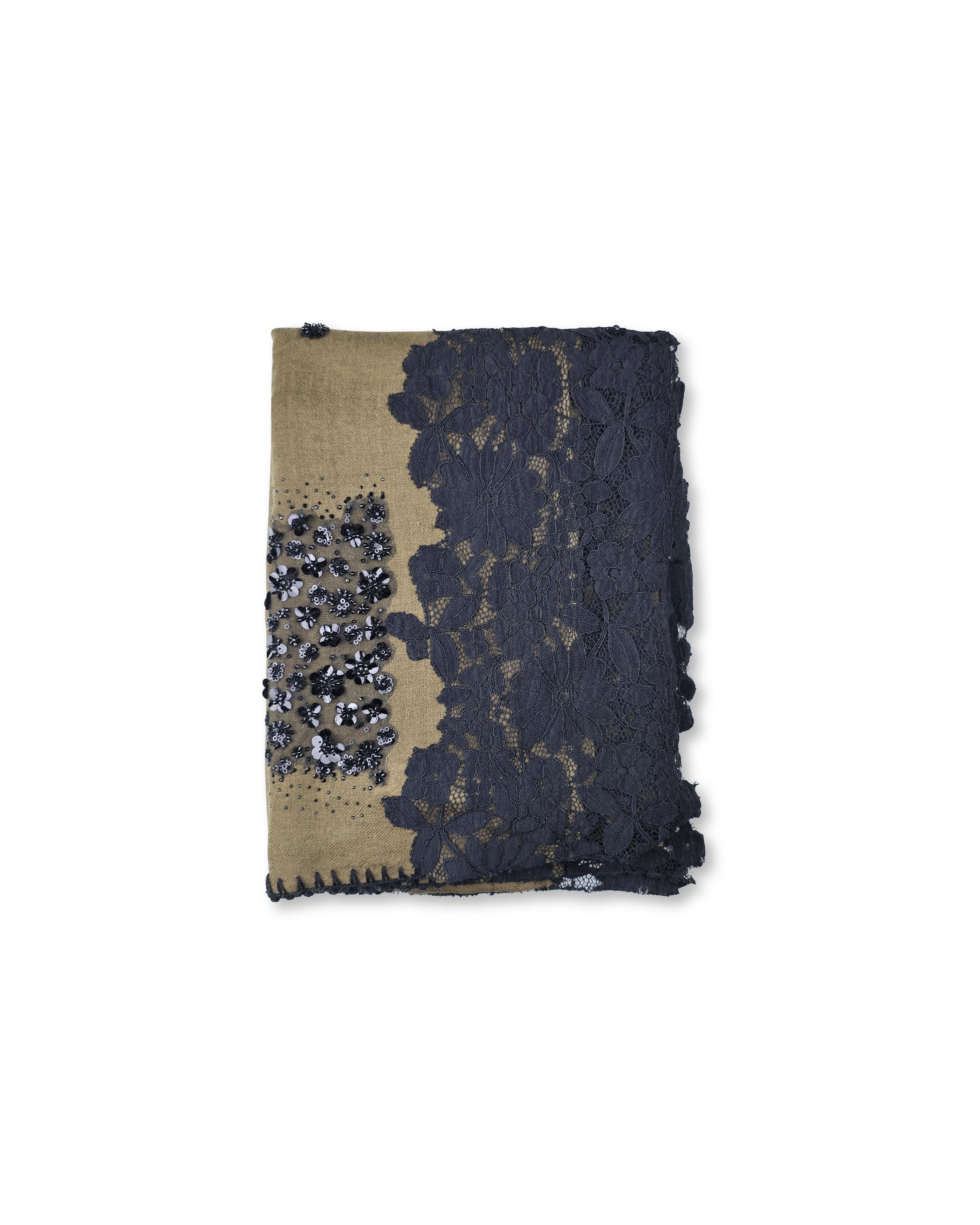QUEENMARK | AN EMB Olive Green Stole Side Lace Crystal