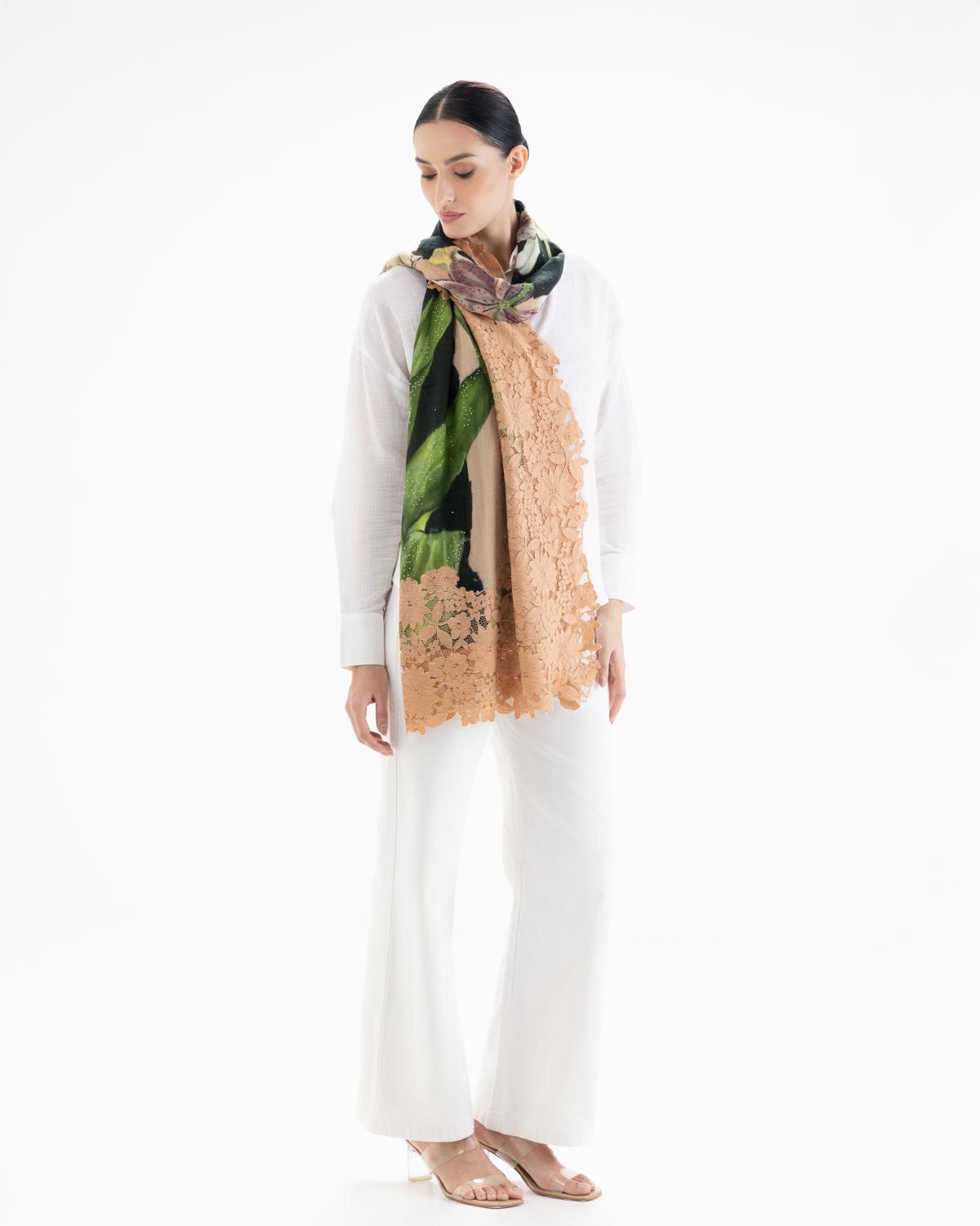 QUEENMARK | AN Assorted Lace Print Crystal Shawl Dark Green Peach