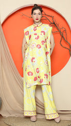 KANZI COLLECTION | Yellow Vest Kimono Jacquard Floral Pant Set