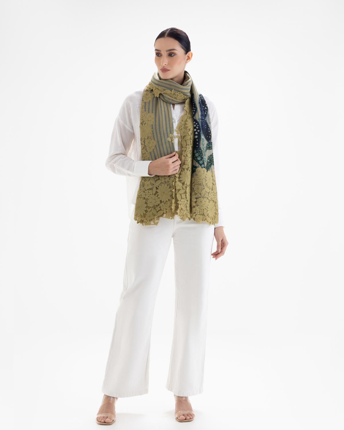 QUEENMARK | AN Assorted Lace Print Crystal Shawl Olive Olive Blue Flower