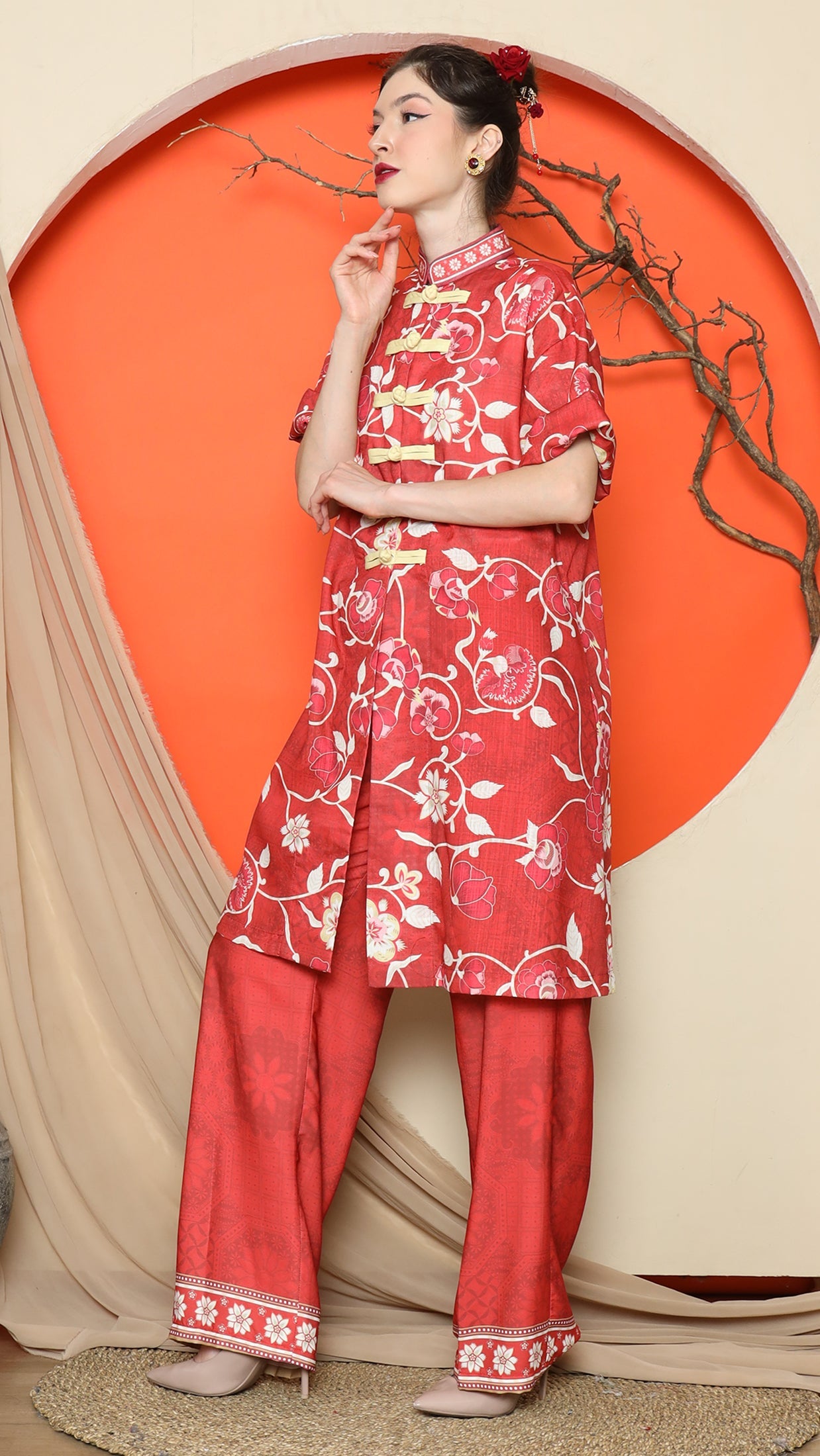 KANZI COLLECTION | Red Floral Cheongsam Pant Set