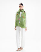 QUEENMARK | AN Assorted Lace Print Crystal Shawl Leaf Green