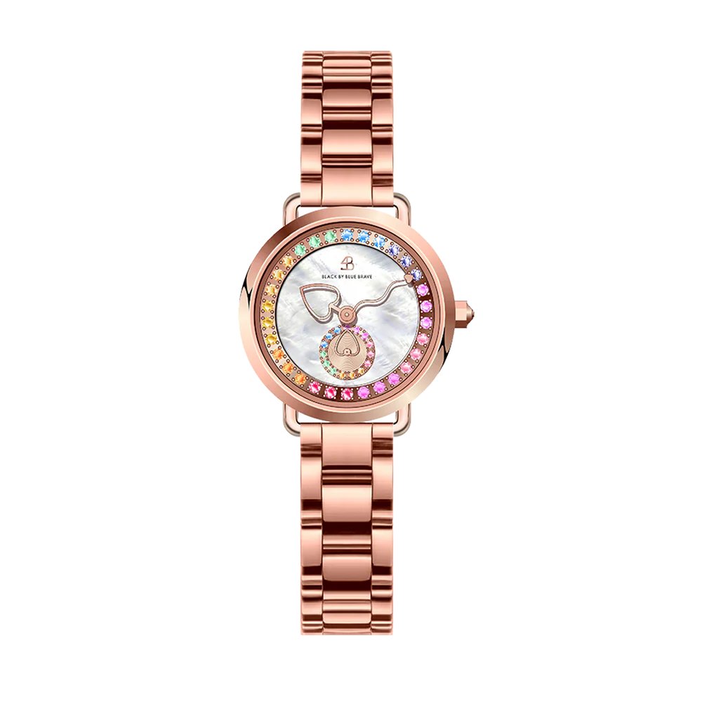 BLACK BY BLUE BRAVE | Cupid 28mm White Mother Of Pearl Dial Heart Shaped Hands Rose Gold Bracelet Watch