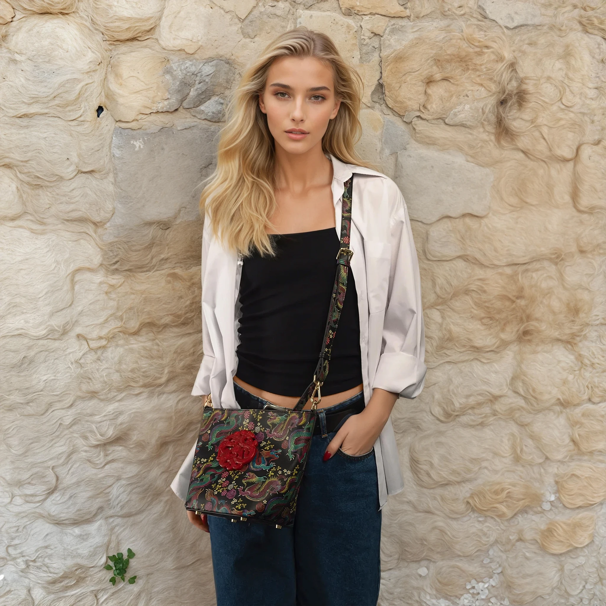 DESTI SAINT | Noora Bucket Crossbody | Dragon Print Leather w Red Jade Stone Ingot