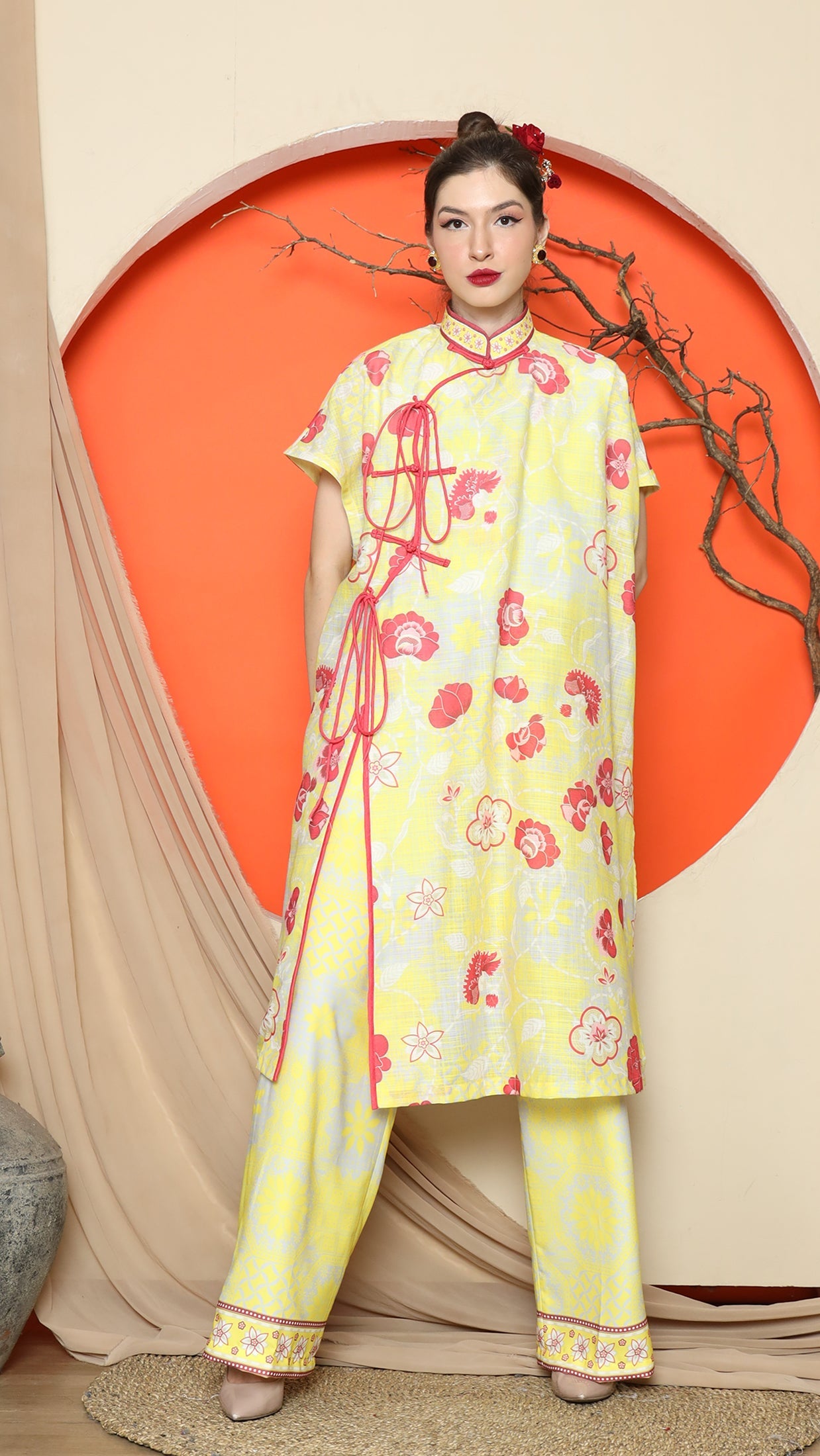 KANZI COLLECTION | Yellow Oriental Floral Cheongsam Pant Set