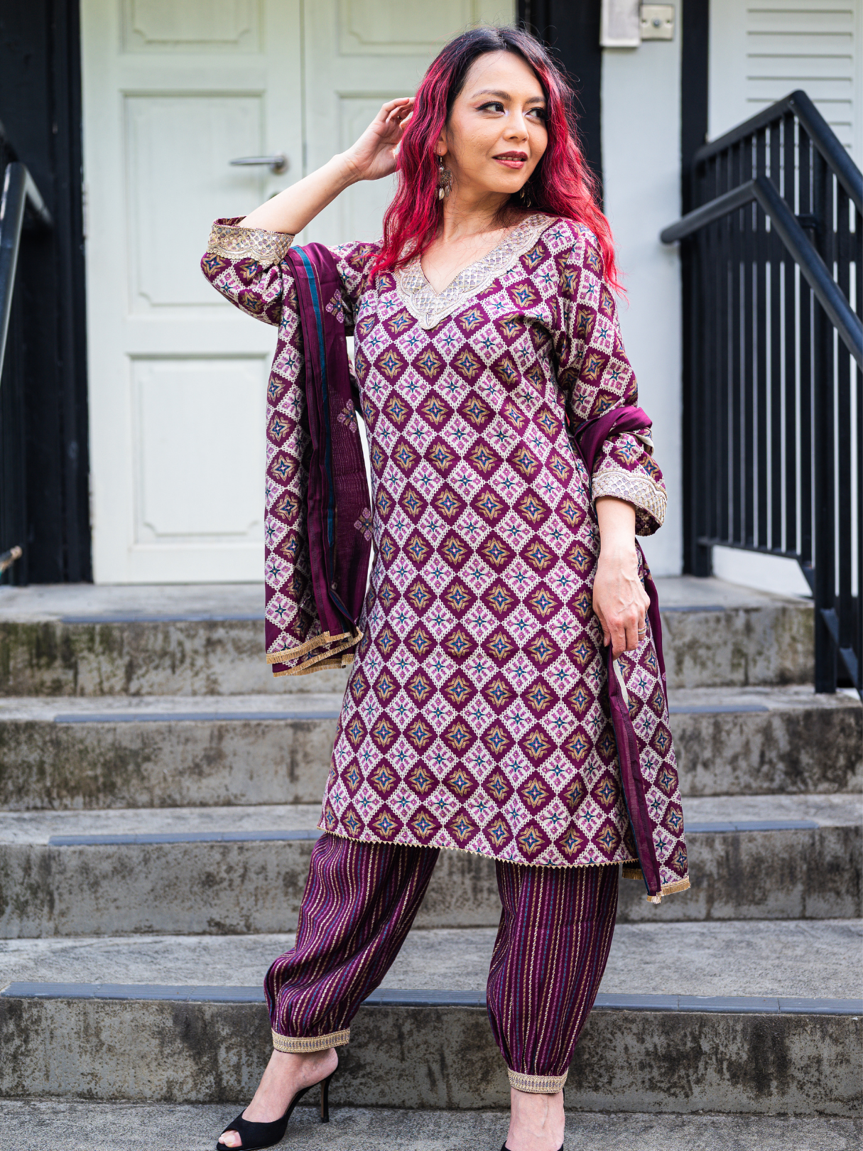 NIMBU | Tara Purple Women's Choga Style Kurti & Salwar Set in Muslin Cotton with Matching Dupatta