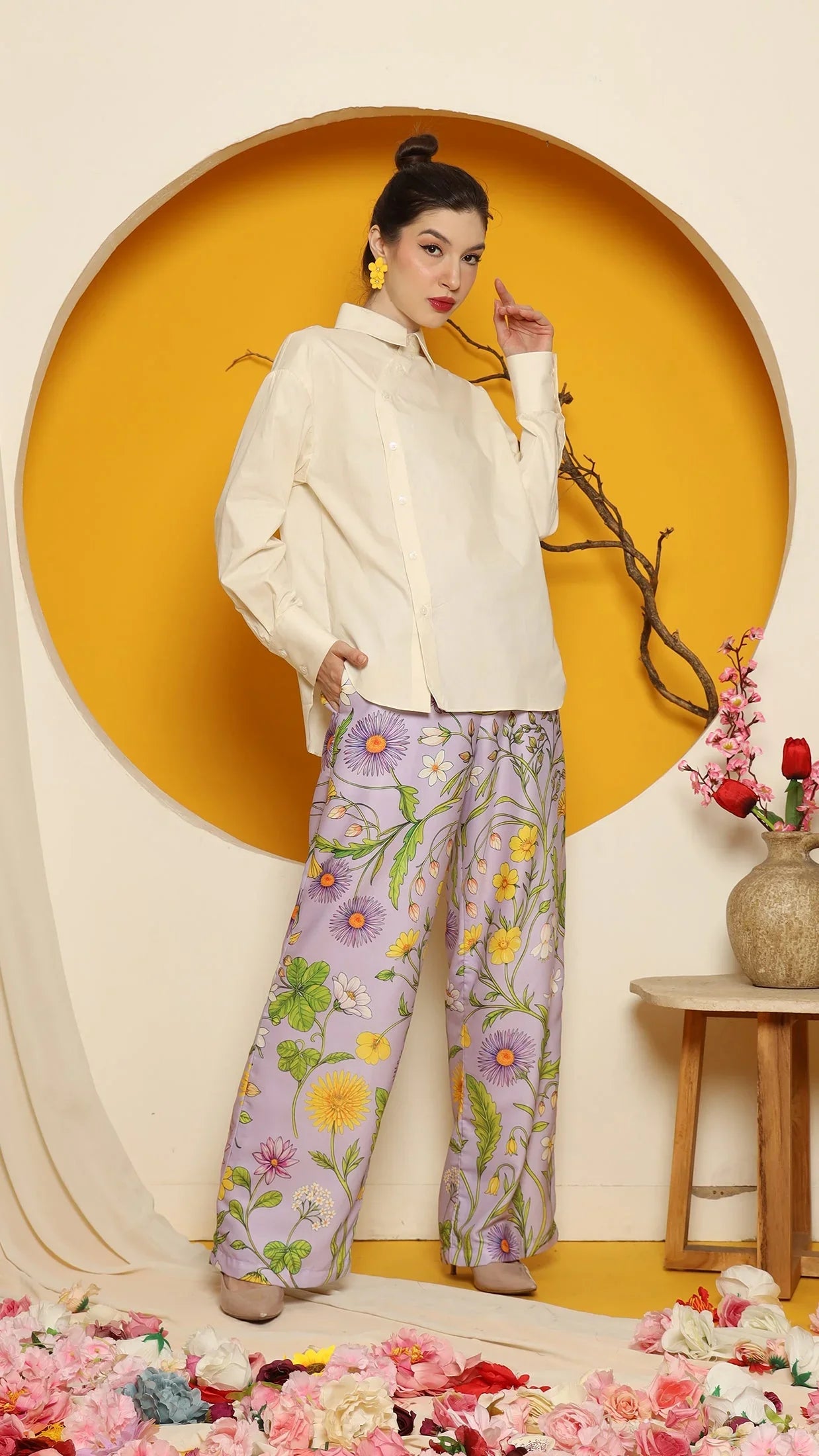 KANZI COLLECTION | Cheongsam Button Shirt With Purple Flower Pants Set