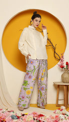 KANZI COLLECTION | Cheongsam Button Shirt With Purple Flower Pants Set