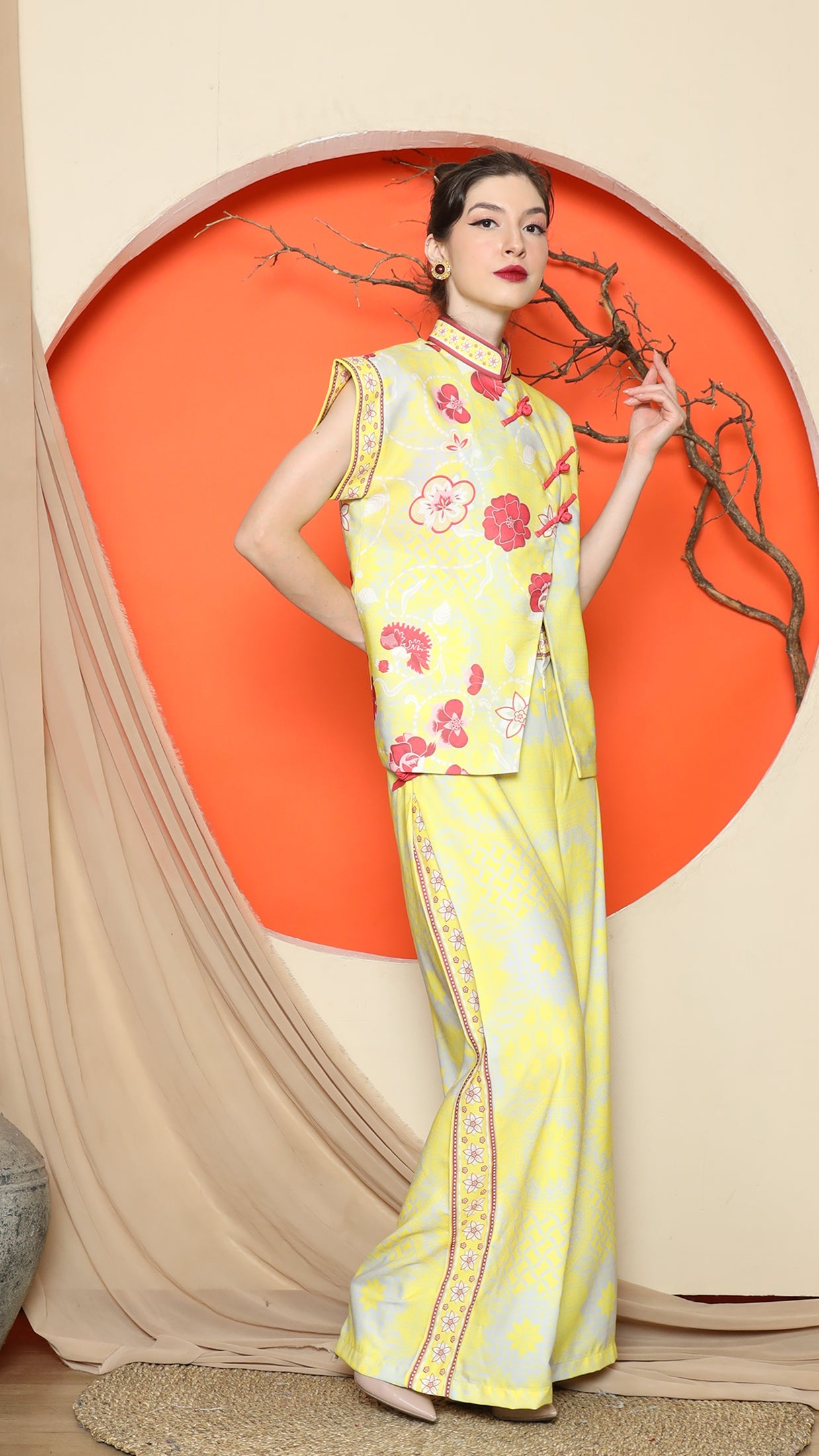 KANZI COLLECTION | Yellow Cheongsam Floral Vest With Wide Leg Pant Set