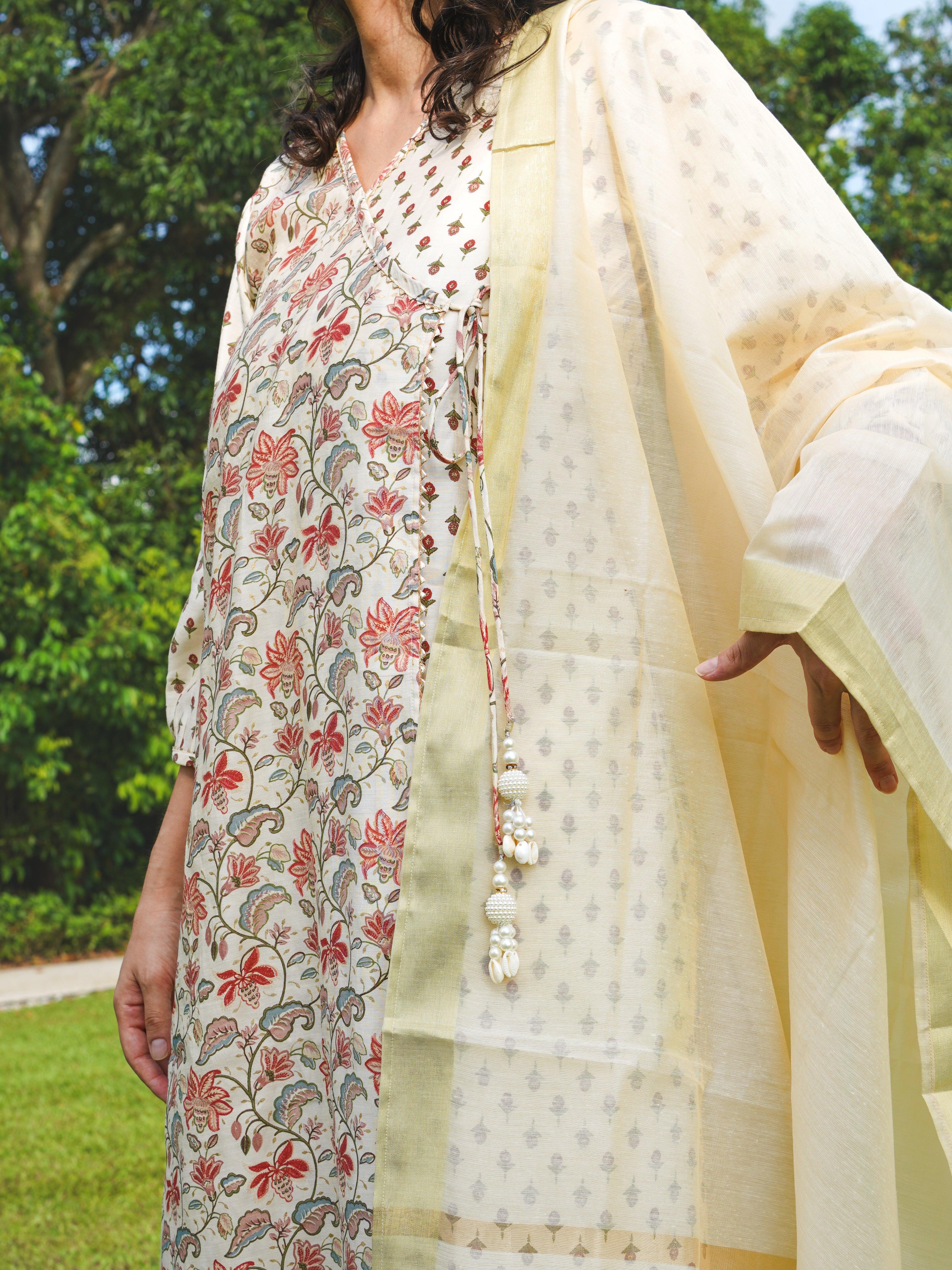NIMBU | Nia Womens Pearl White Floral Angarkha Kurti & Salwar With Dupatta Set In Muslin Cotton