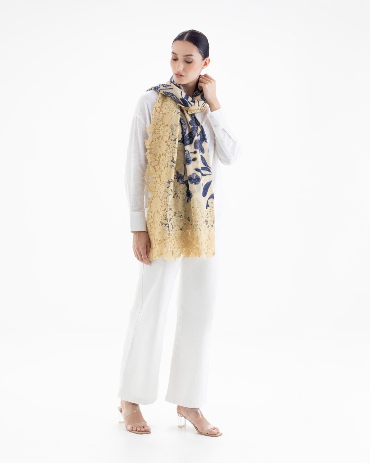 QUEENMARK | AN Assorted Lace Print Crystal Shawl Light Beige Blue Flower