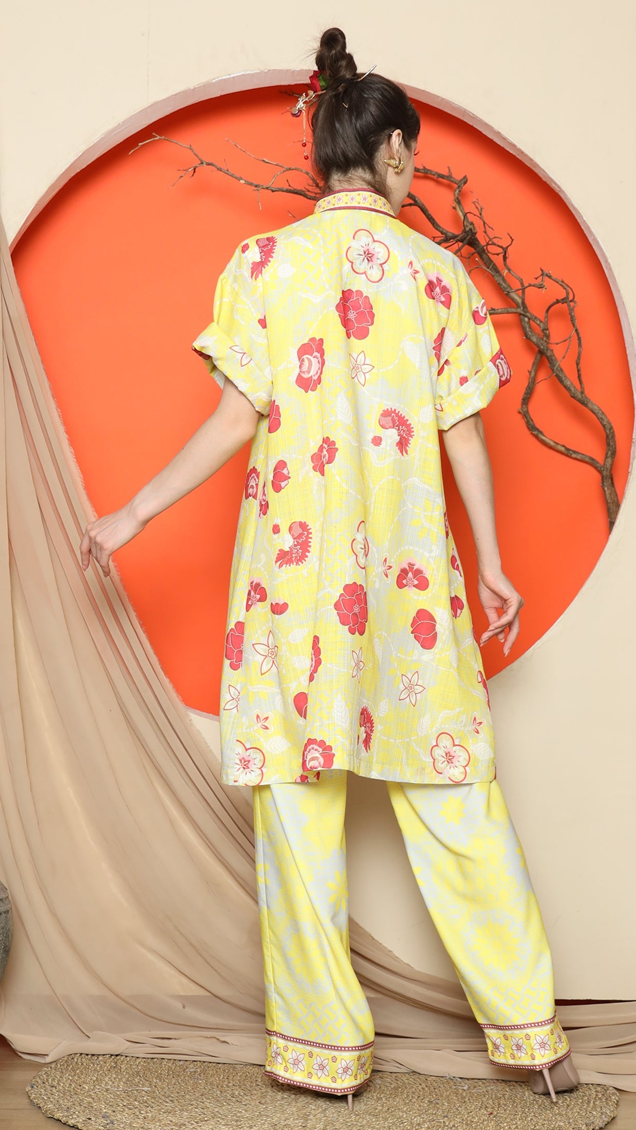 KANZI COLLECTION | Yellow Floral Cheongsam Pant Set