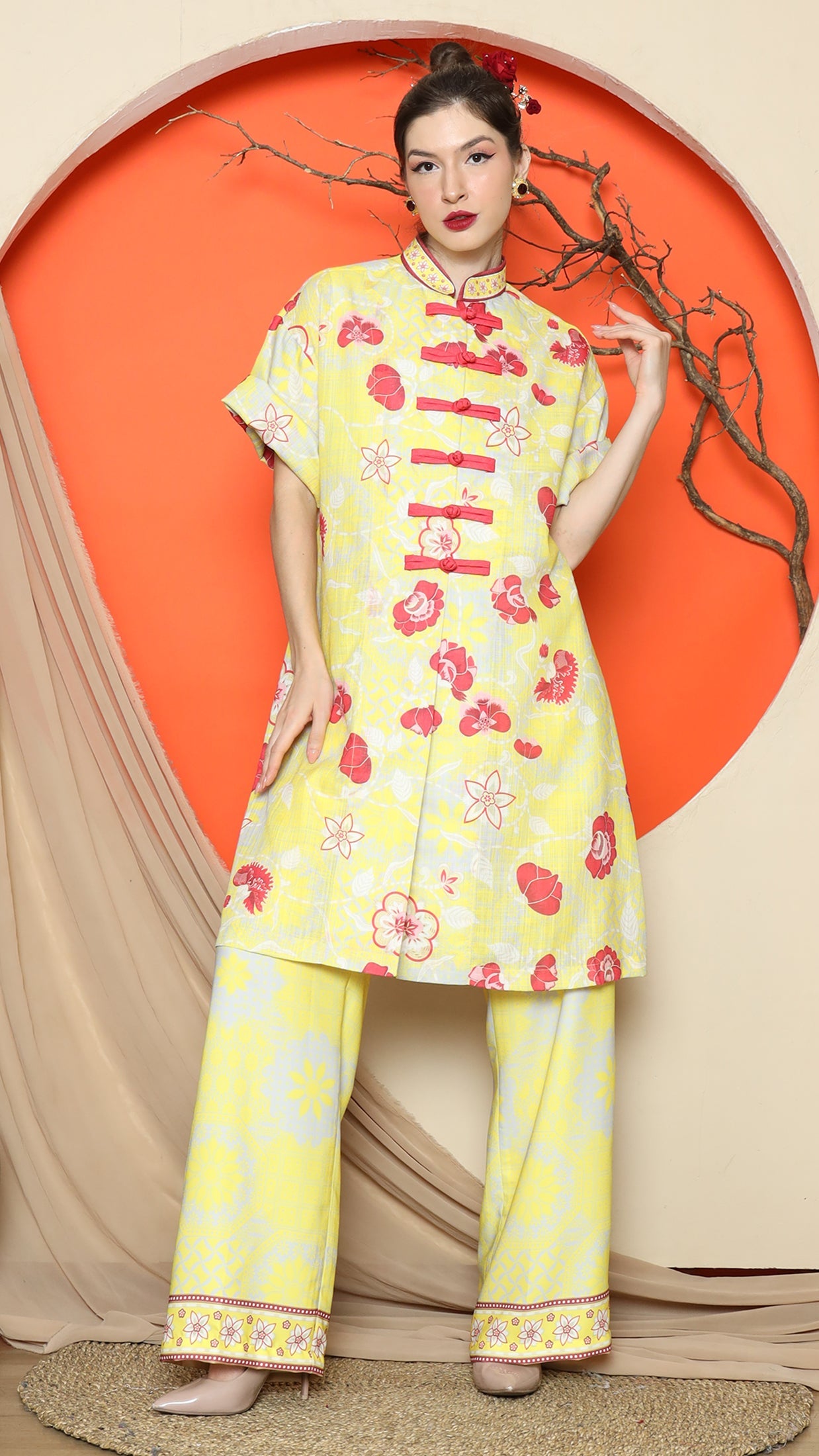 KANZI COLLECTION | Yellow Floral Cheongsam Pant Set