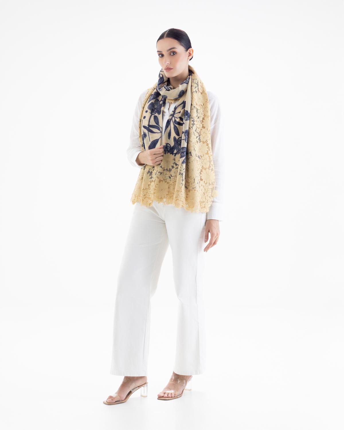 QUEENMARK | AN Assorted Lace Print Crystal Shawl Light Beige Blue Flower