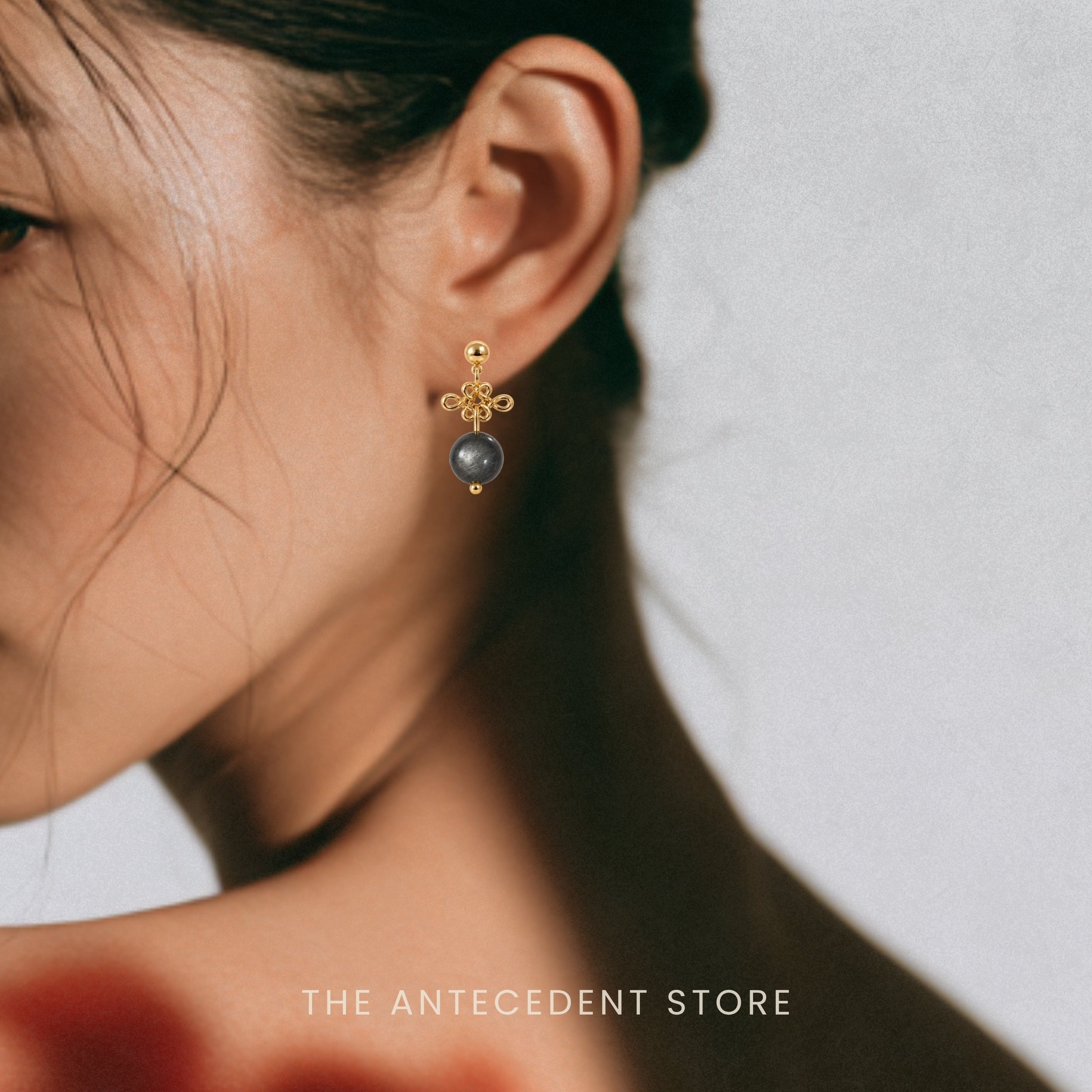 THE ANTECEDENT STORE | Ruyi Knots With Silver Obsidian Earrings