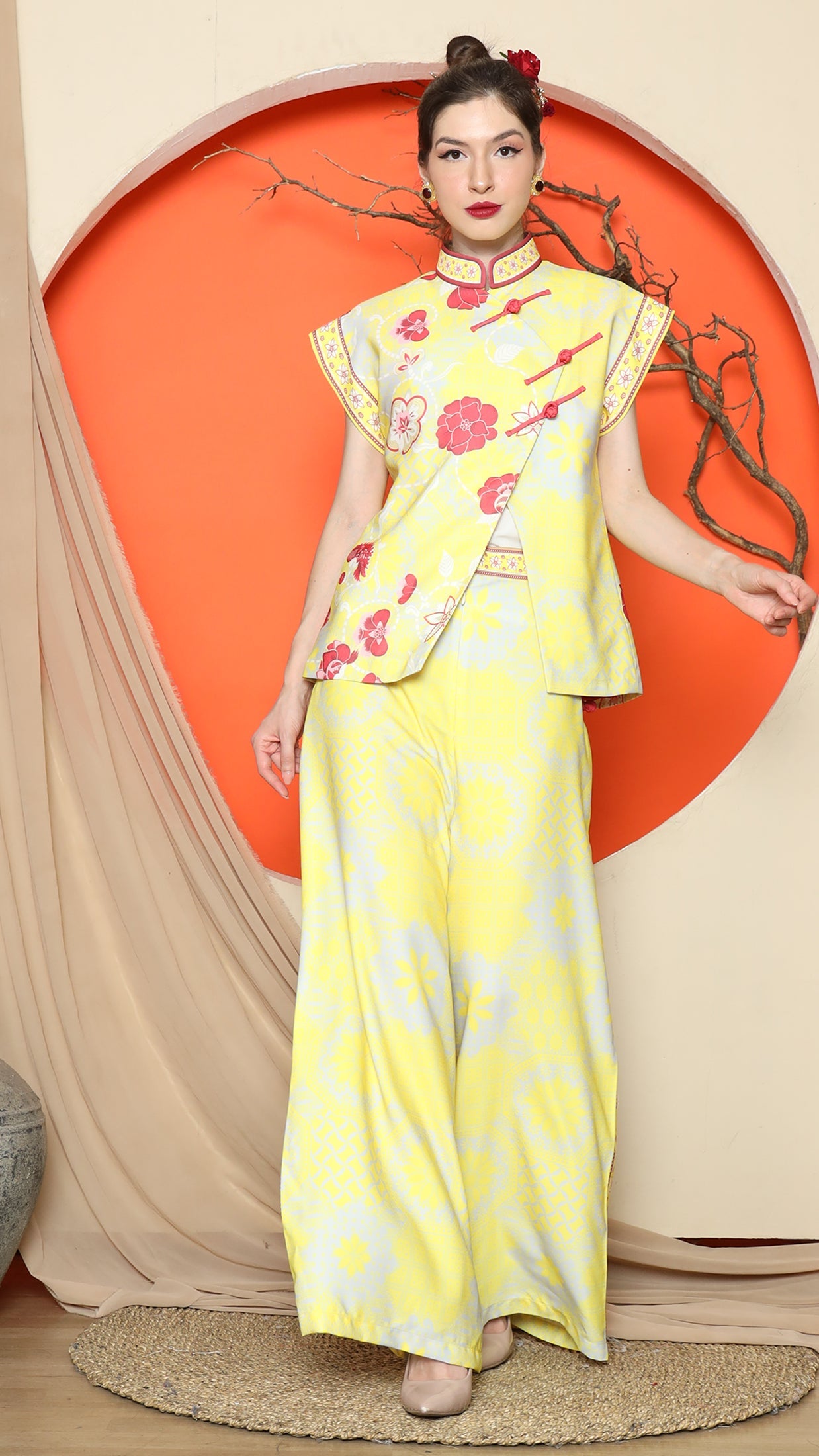 KANZI COLLECTION | Yellow Cheongsam Floral Vest With Wide Leg Pant Set