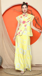 KANZI COLLECTION | Yellow Cheongsam Floral Vest With Wide Leg Pant Set