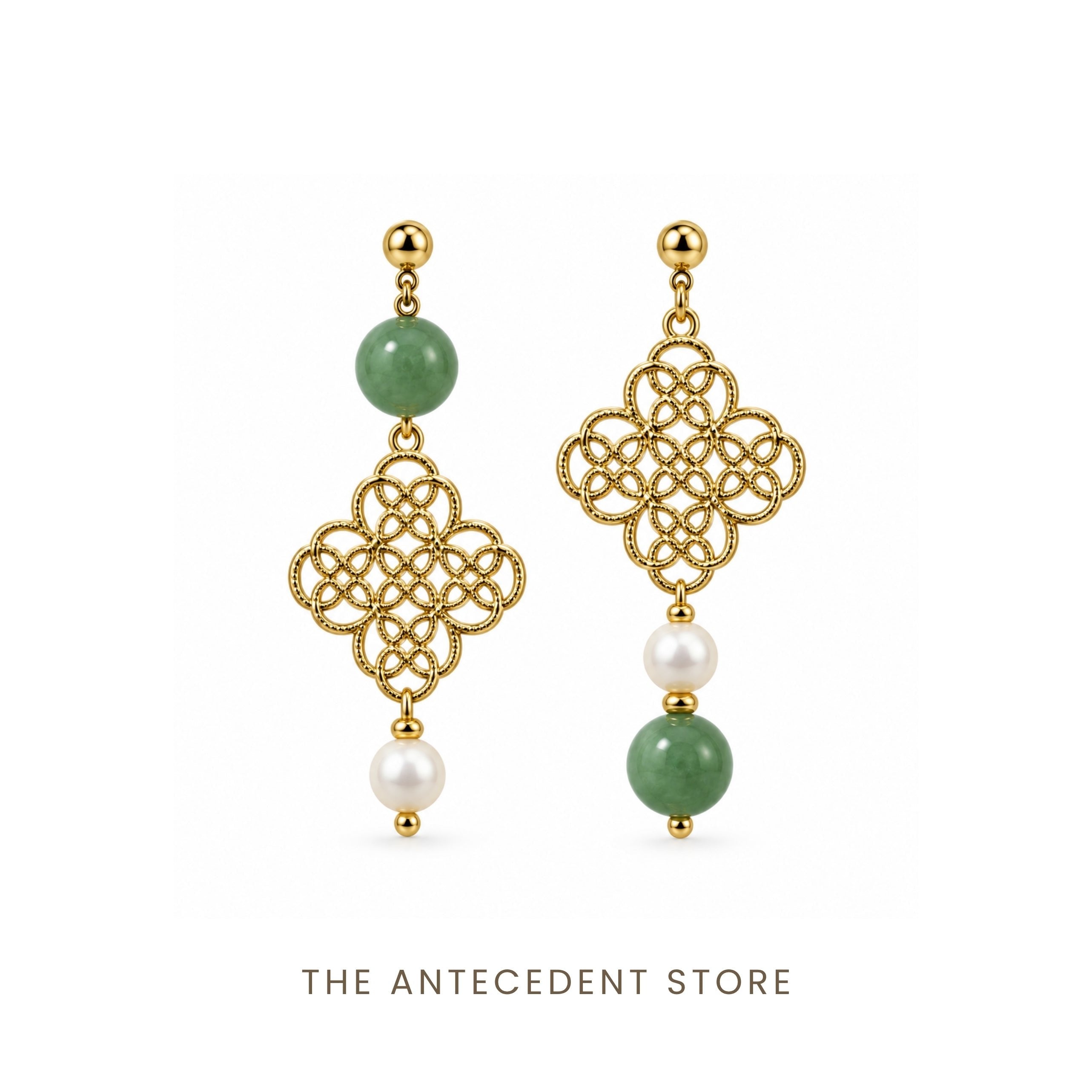 THE ANTECEDENT STORE | Asymmetrical Auspicious Motif Green Aventurine Earrings