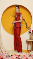 KANZI COLLECTION | Red Cheongsam Flower Vest With Pant Set