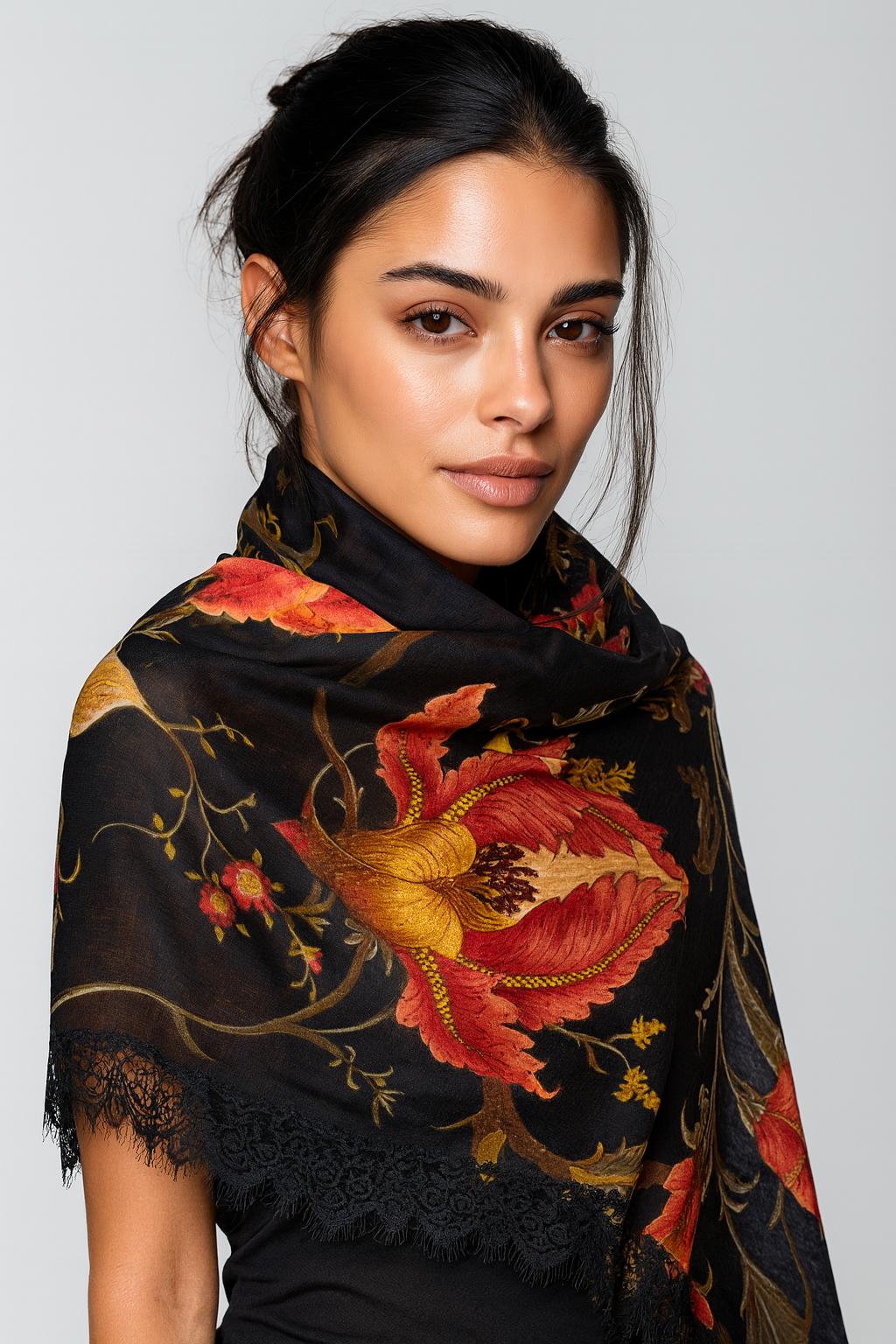 QUEENMARK | AN Printed Shawl 2024 Assorted Black Red Yellow Flower
