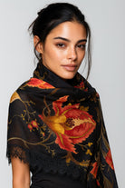 QUEENMARK | AN Printed Shawl 2024 Assorted Black Red Yellow Flower