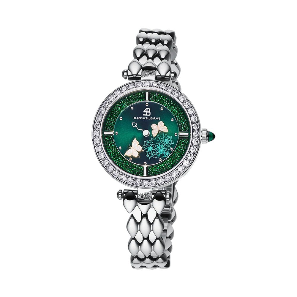 BLACK BY BLUE BRAVE | Butterfly Lovers 34mm Green Dial Moving Butterfly Hands Silver Bracelet Watch