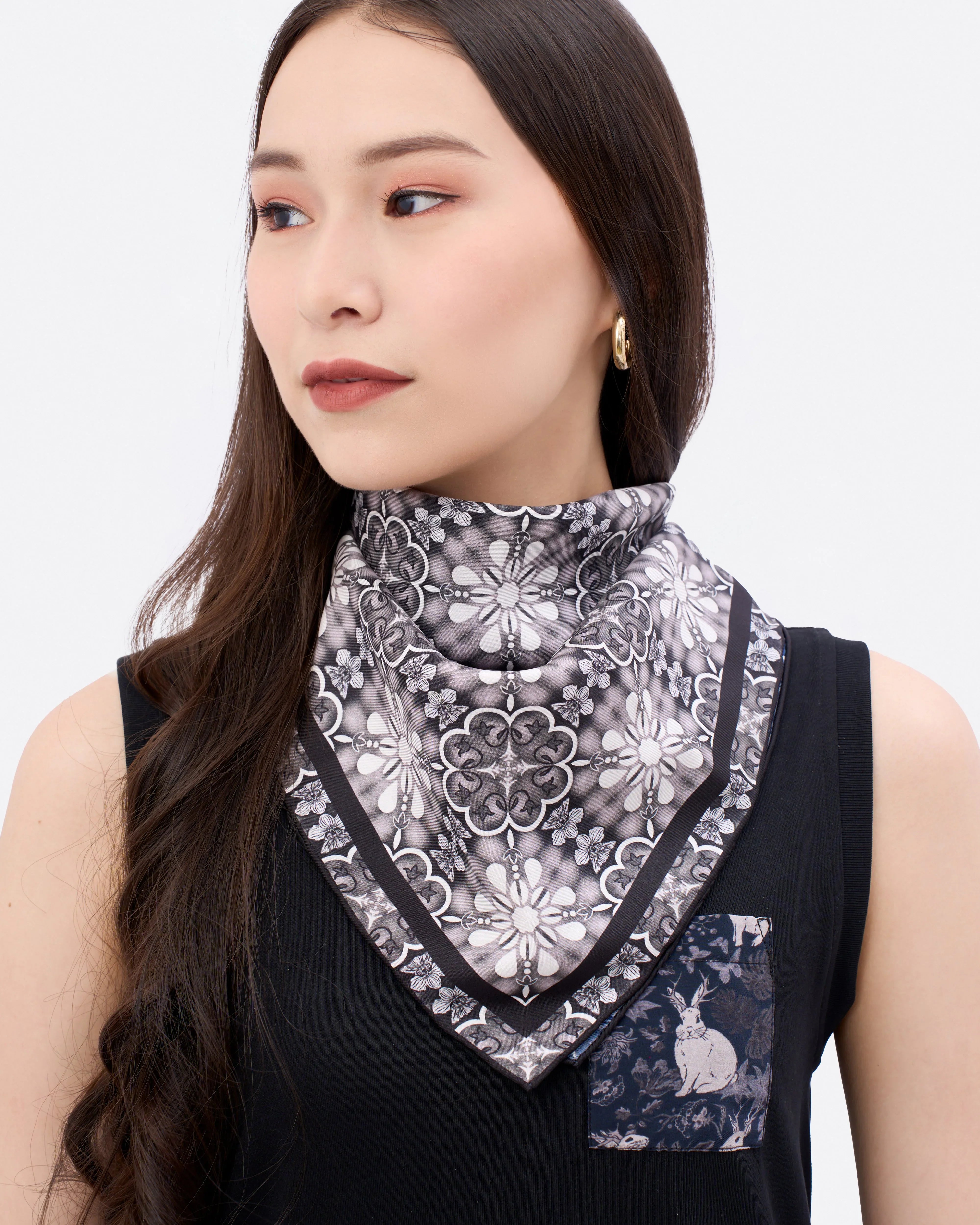 STUDIO QILING | Peranakan Orchid Navy Ink Double Side Silk Scarf 65