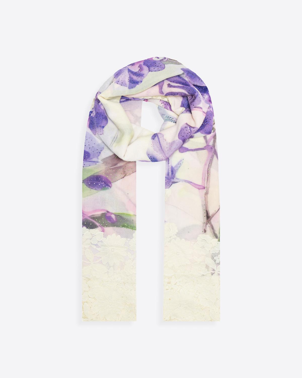 QUEENMARK | AN Assorted Lace Print Crystal Shawl Ivory Purple Flower