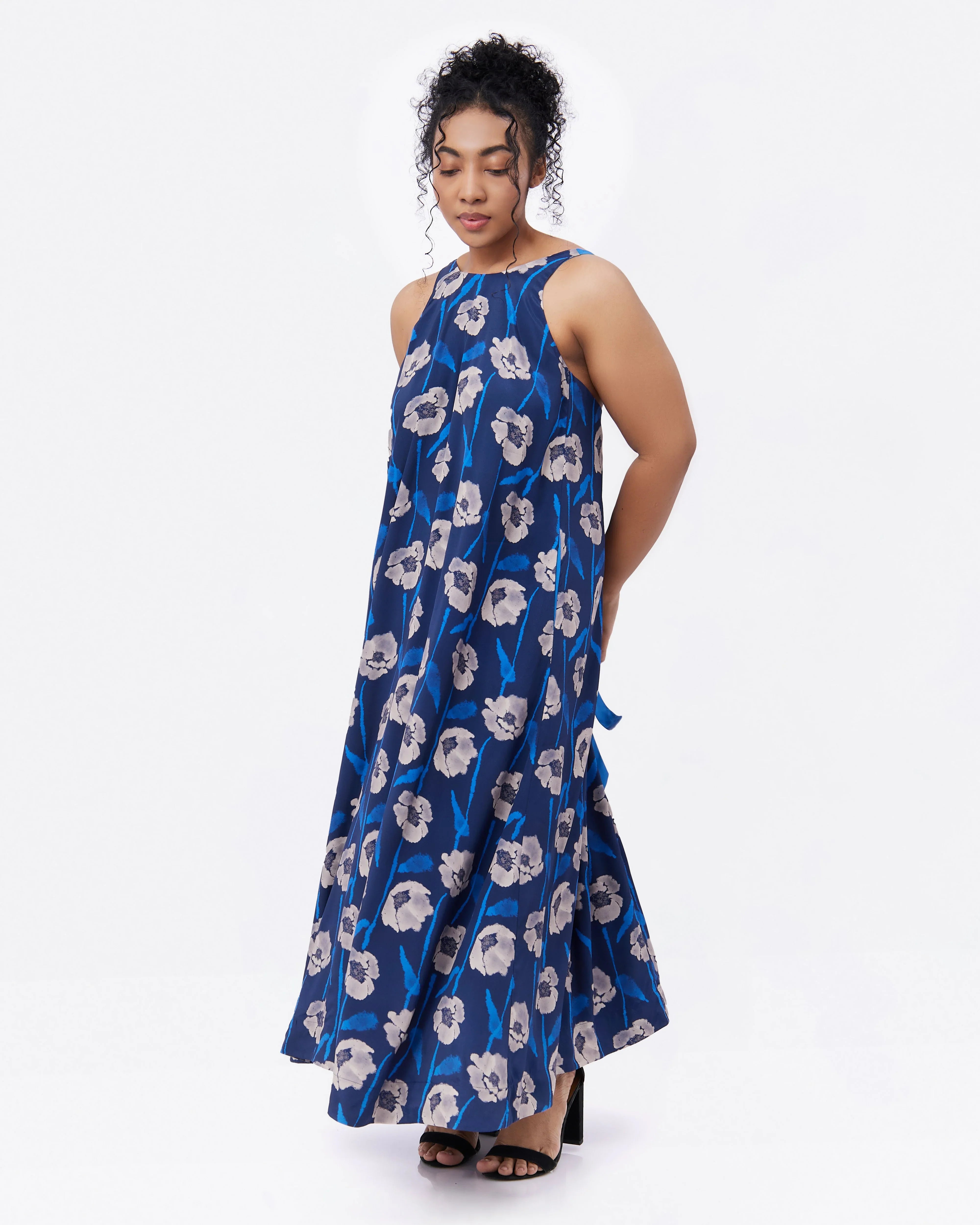 STUDIO QILING | Dancing Poppies Moonlight Reversible Silk Blend Maxi Dress